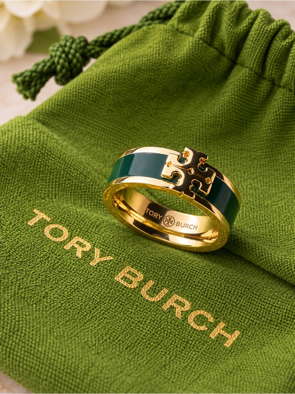 Tory Burch Gold-Tone Ring with Deep Green Enamel